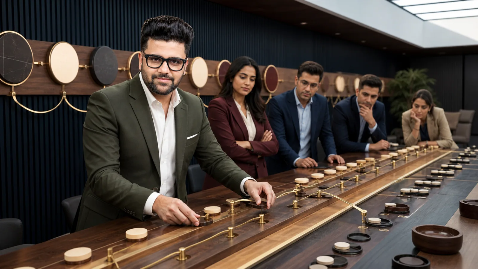 Sahil Khanna mapping choices with brass markers in a project war room for Execution excellence