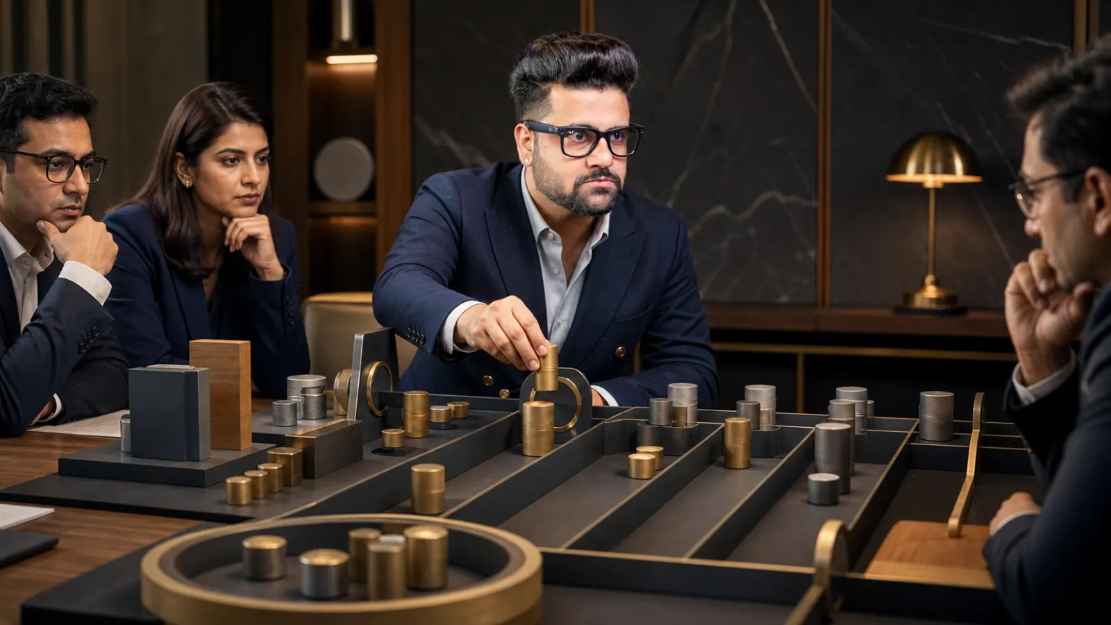 Sahil Khanna mapping choices with brass markers in a project war room for Net Present Value (NPV) and Internal Rate of Return (IRR)