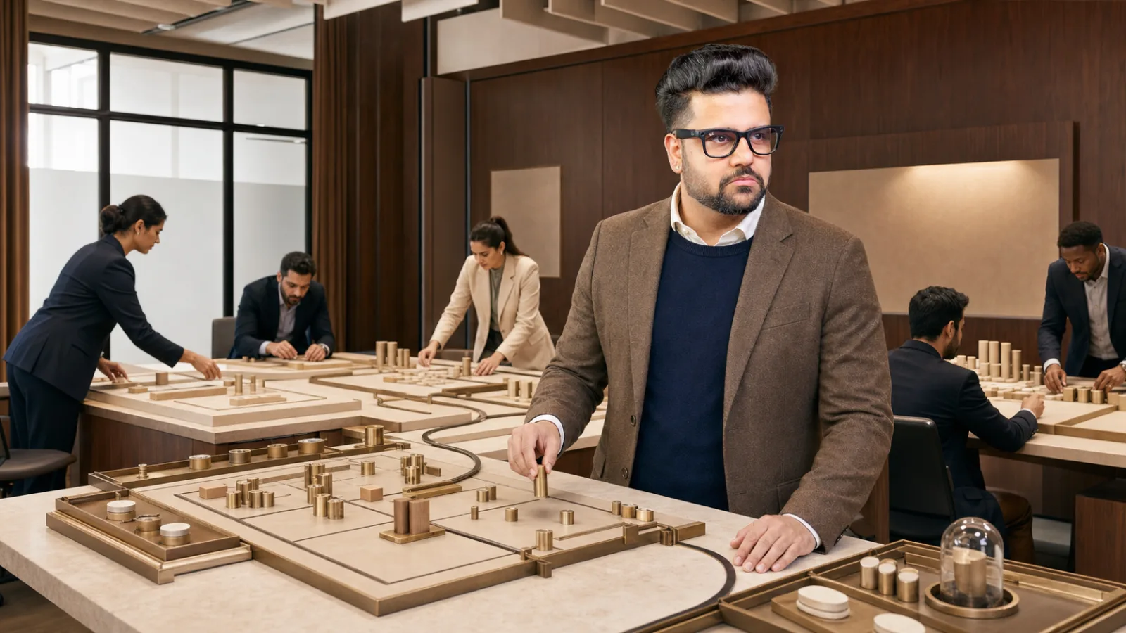 Sahil Khanna mapping choices with brass markers in a project war room for Project Management Phases and Processes