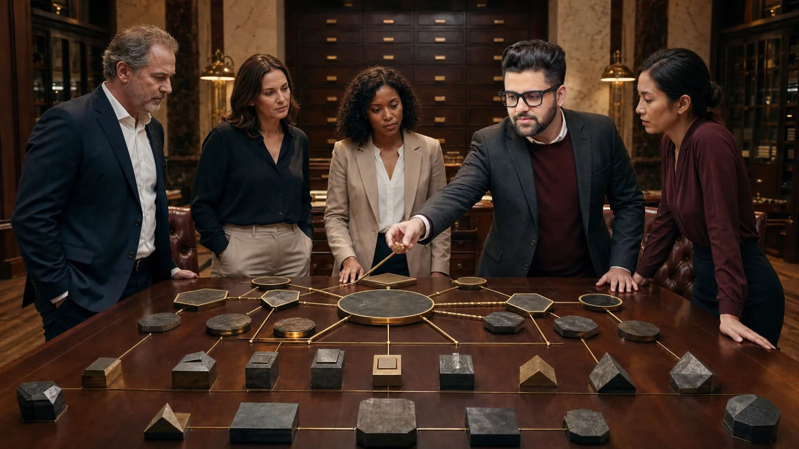 Sahil Khanna mapping choices with brass markers in a strategy archive for Corporate Marketing