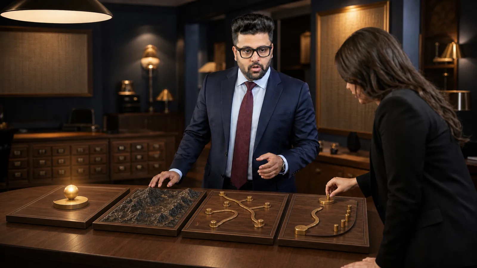 Sahil Khanna mapping choices with brass markers in a strategy archive for The GROW model of coaching and mentoring