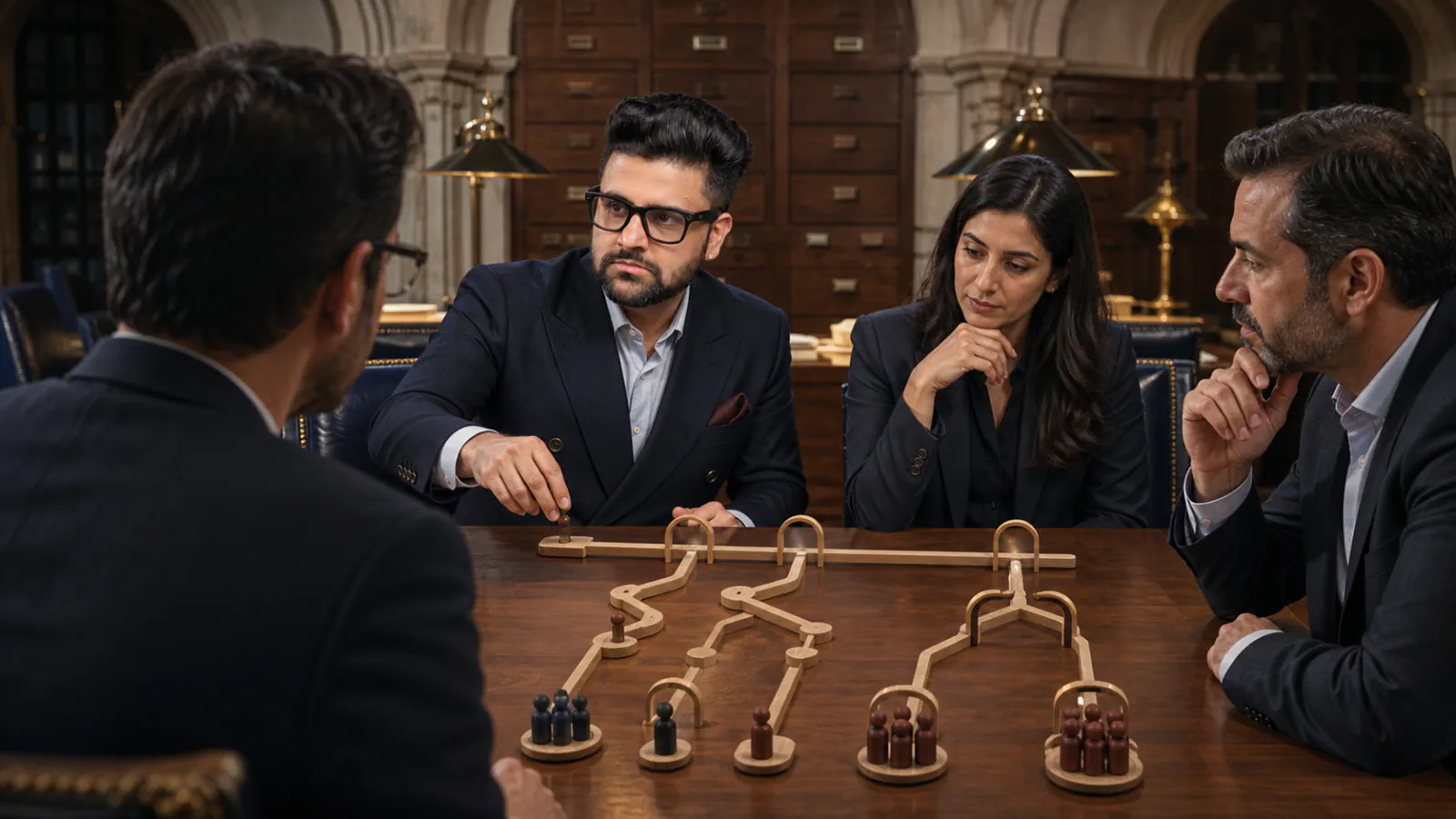 Sahil Khanna mapping choices with brass markers in a strategy archive for The Vroom-Yetton Decision Model