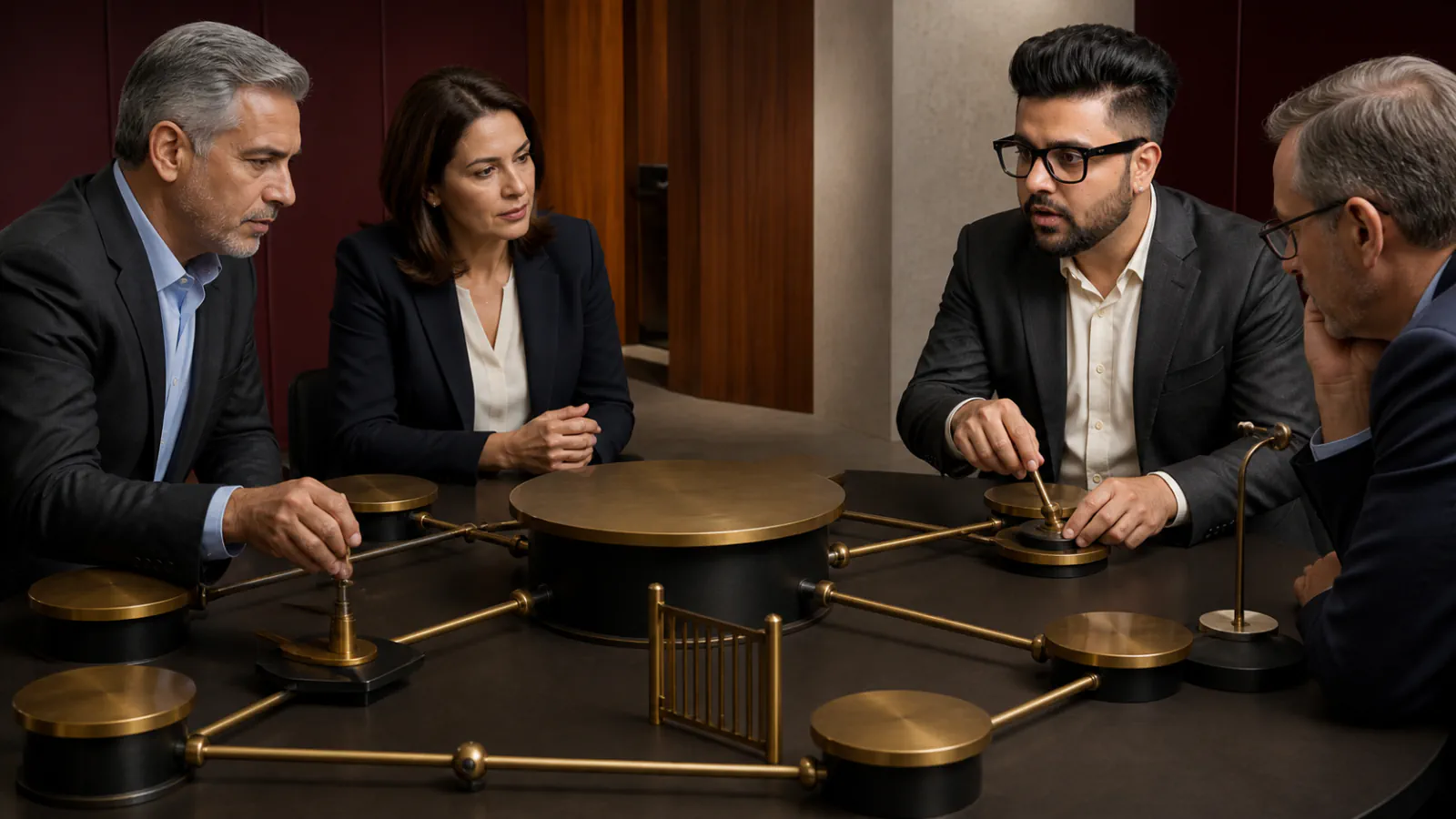 Sahil Khanna mapping choices with brass markers in a strategy archive for Working With Powerful People