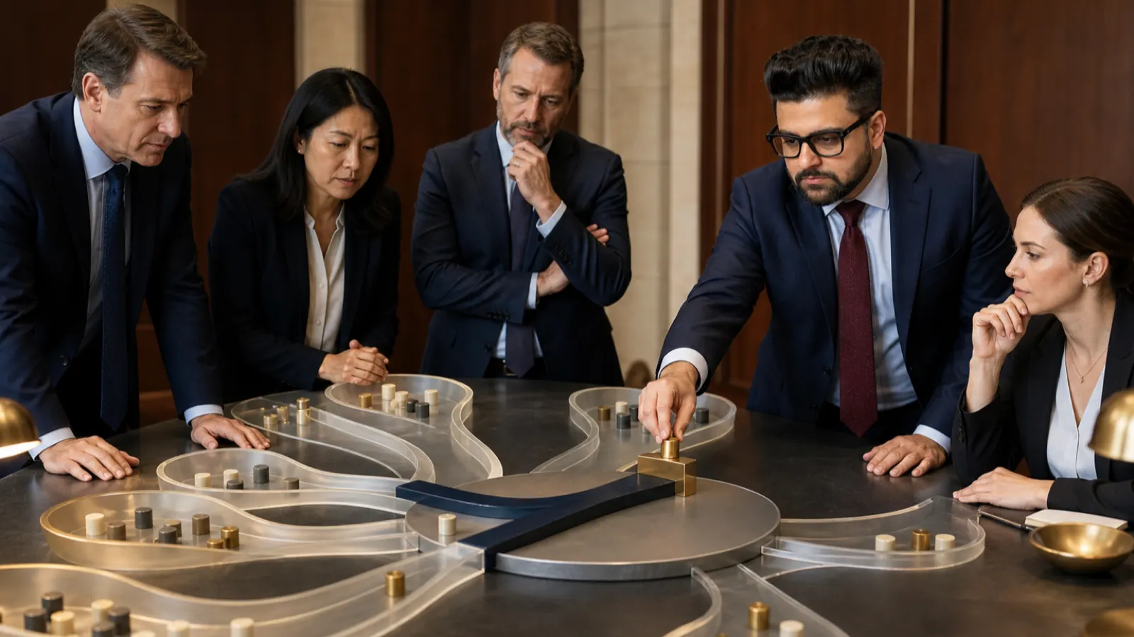 Sahil Khanna mapping choices with brass markers in a university boardroom for Decision Making Under Uncertainty