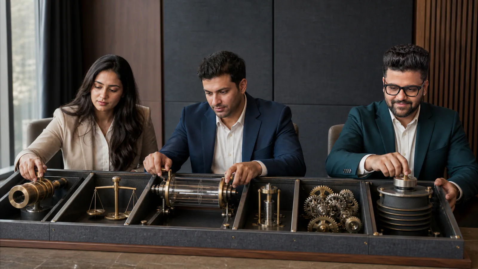 Sahil Khanna mapping choices with brass markers in a university boardroom for How good are your leadership skills