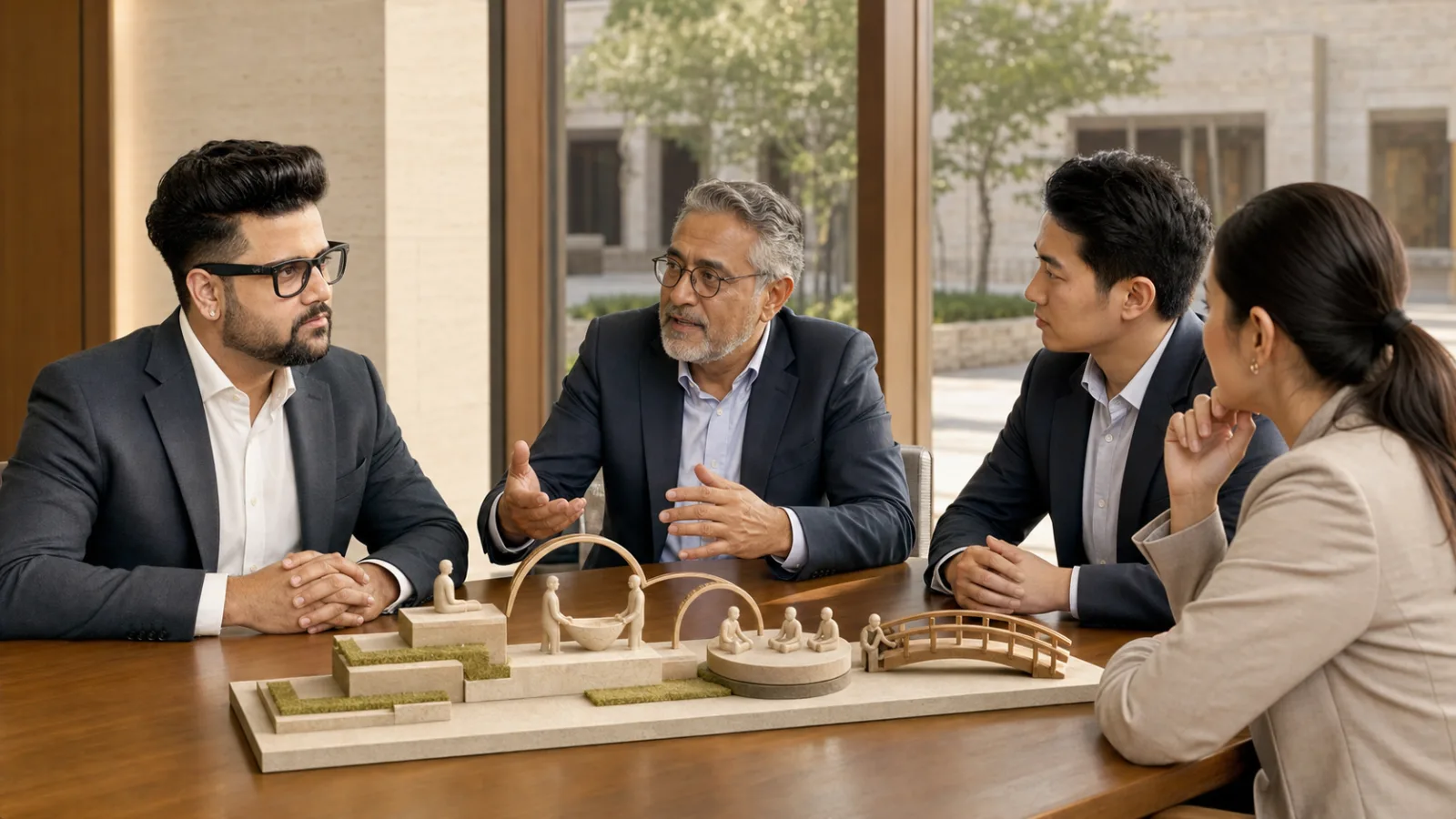 Sahil Khanna mapping choices with brass markers in a university boardroom for How to manage people's retirement