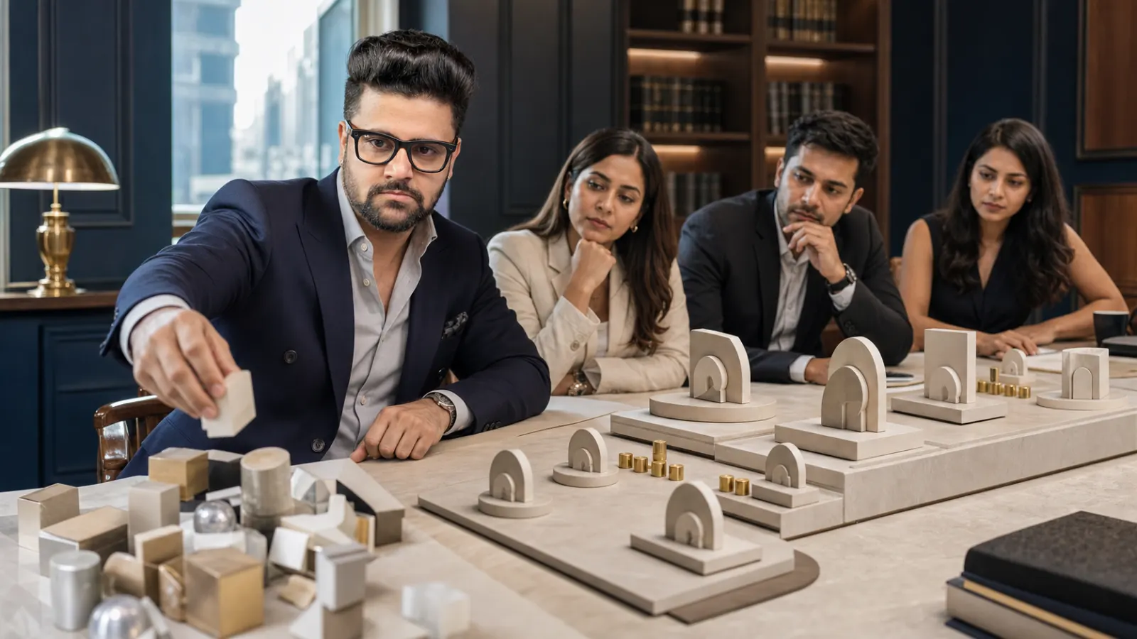 Sahil Khanna mapping choices with brass markers in a university boardroom for Low cost branding