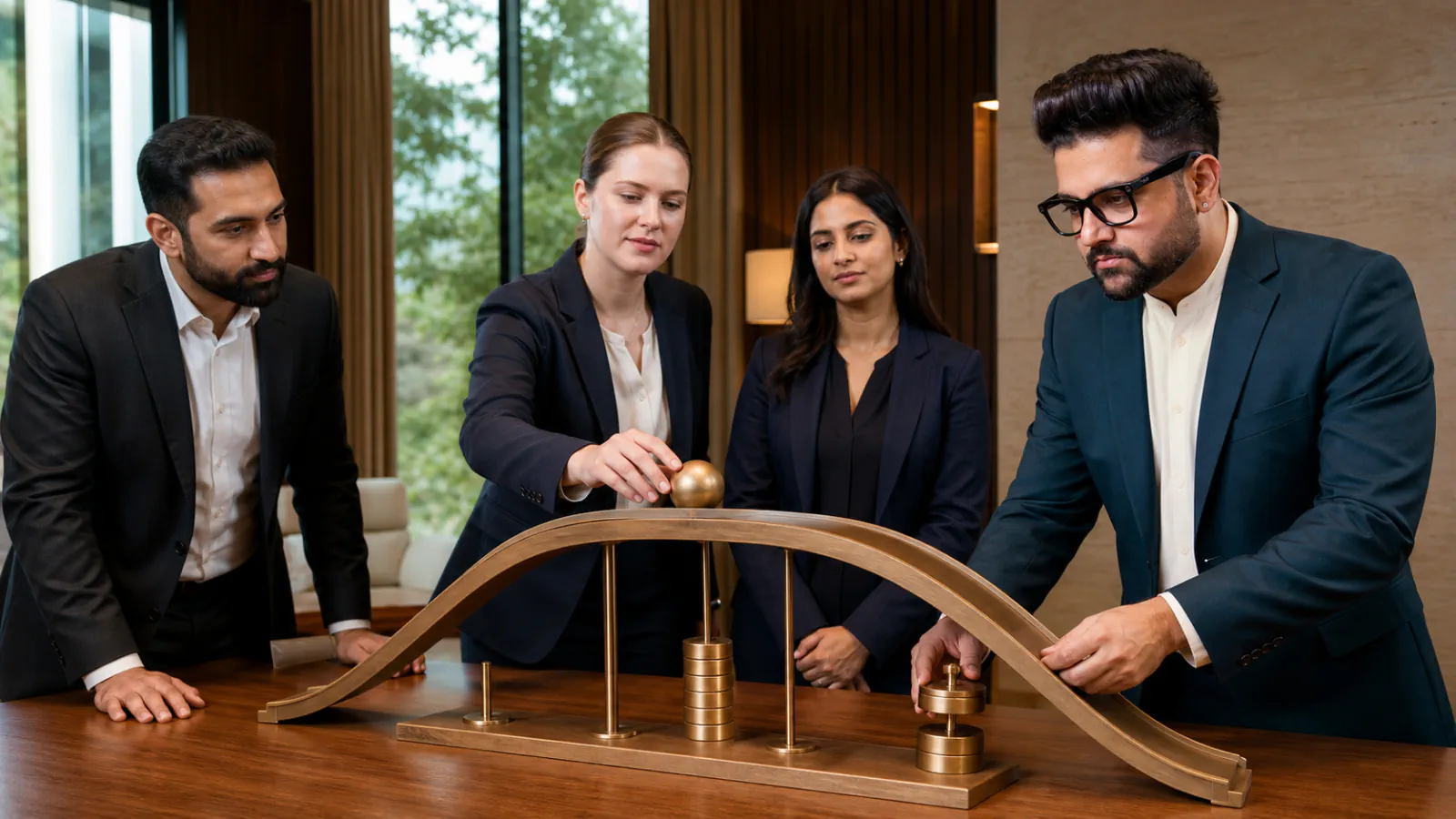 Sahil Khanna mapping choices with brass markers in a university boardroom for The Inverted-U Theory (Yerkes-Dodson Law)