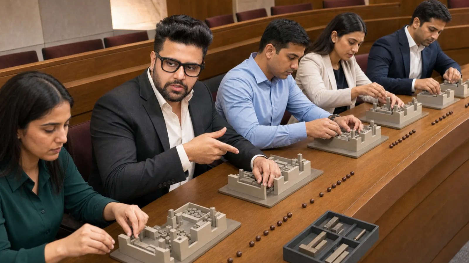 Sahil Khanna organizing research into visual clusters in a case-method seminar room for Learning Curves