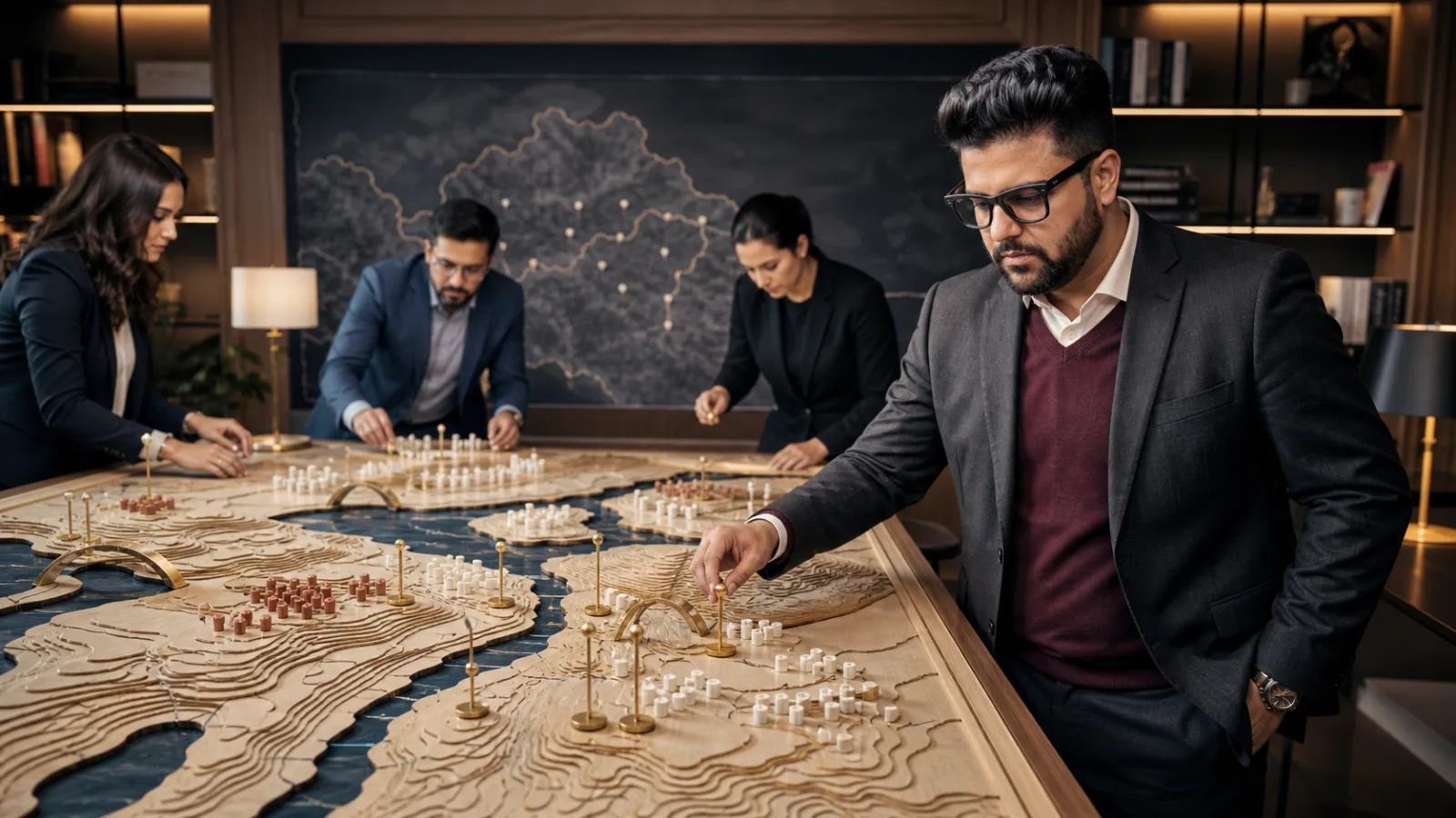 Sahil Khanna organizing research into visual clusters in a project war room for Geomarketing