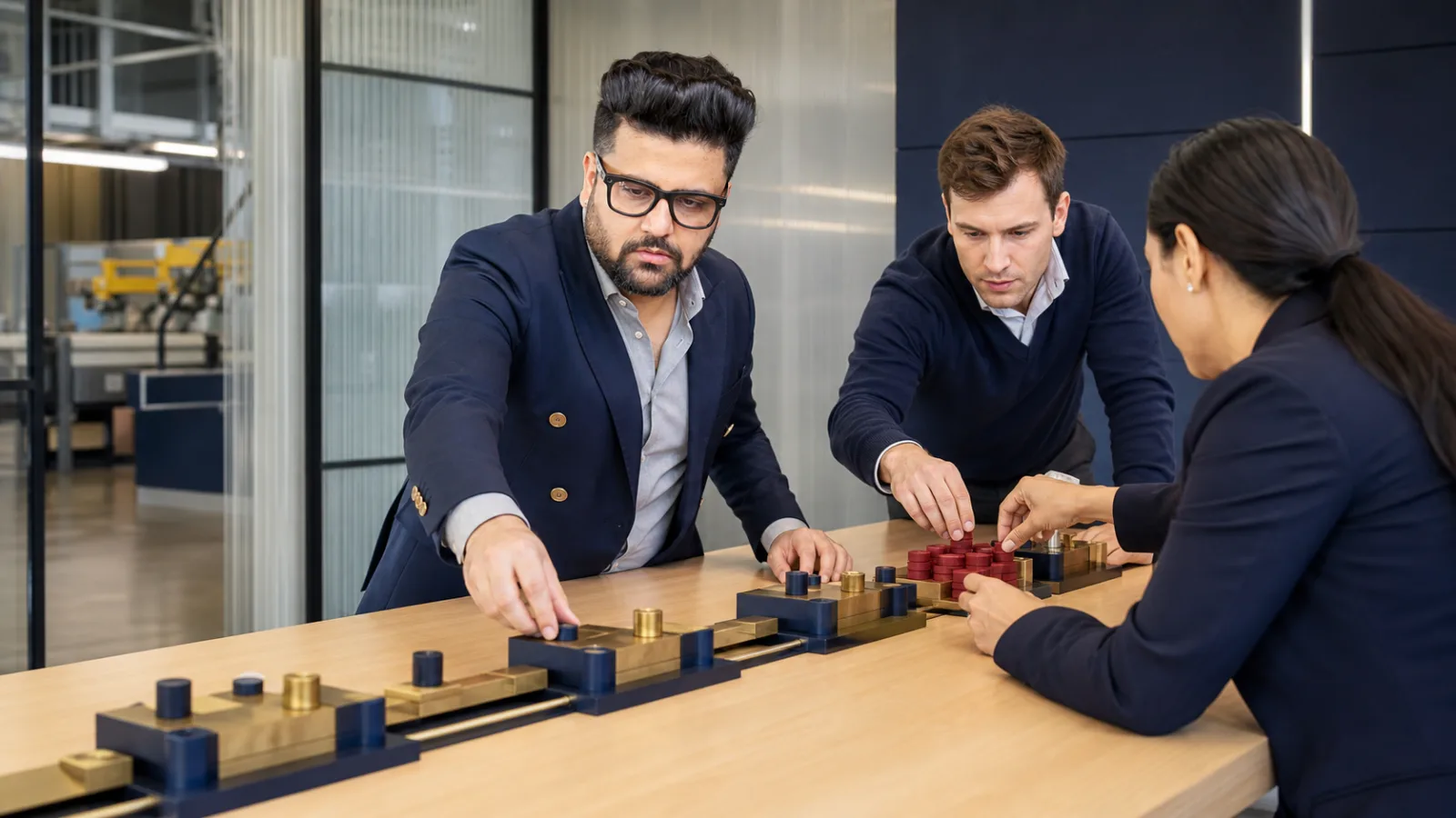 Sahil Khanna organizing research into visual clusters in a university boardroom for Lean manufacturing
