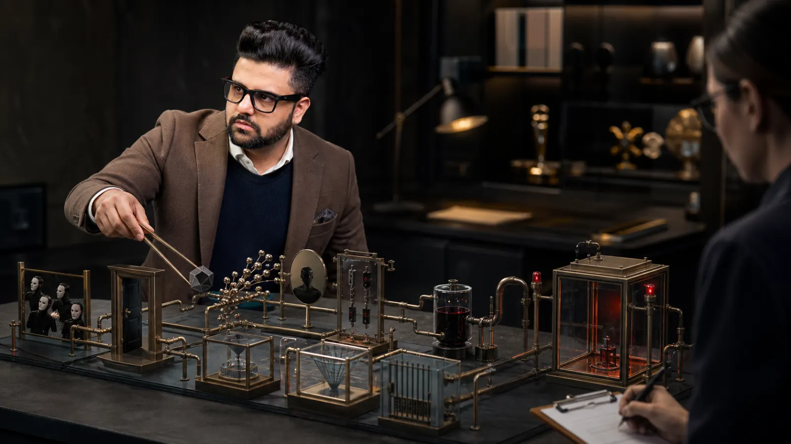 Sahil Khanna reviewing an evidence wall in a behavioral research lab for Blackhat Marketing