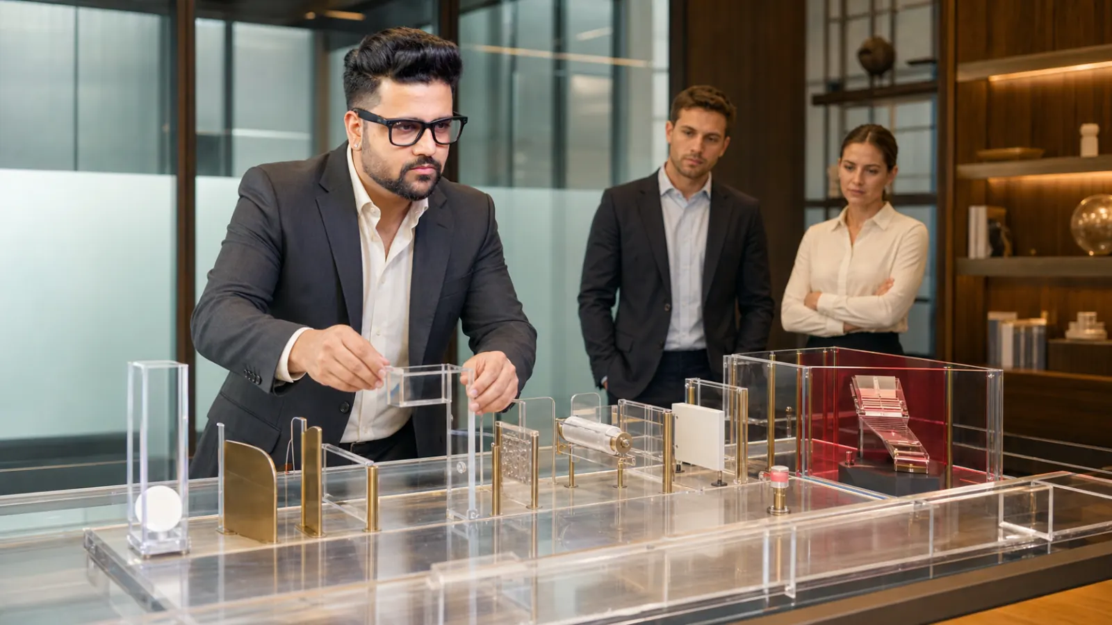 Sahil Khanna reviewing an evidence wall in a case-method seminar room for Behavioral Marketing