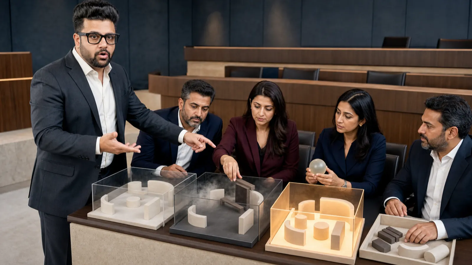 Sahil Khanna reviewing an evidence wall in a case-method seminar room for Visualization