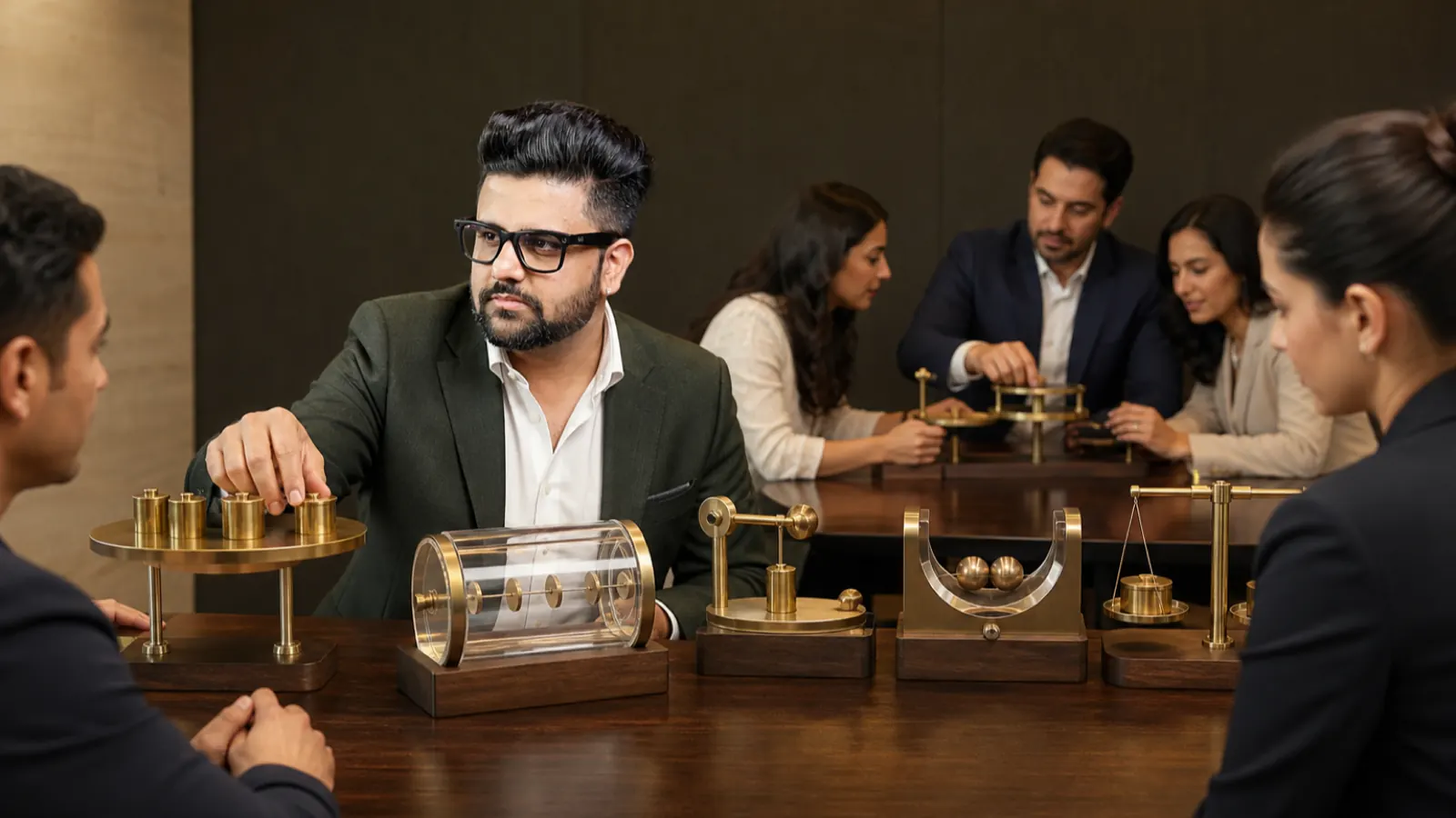 Sahil Khanna reviewing an evidence wall in a customer insight studio for David Rock's SCARF Model