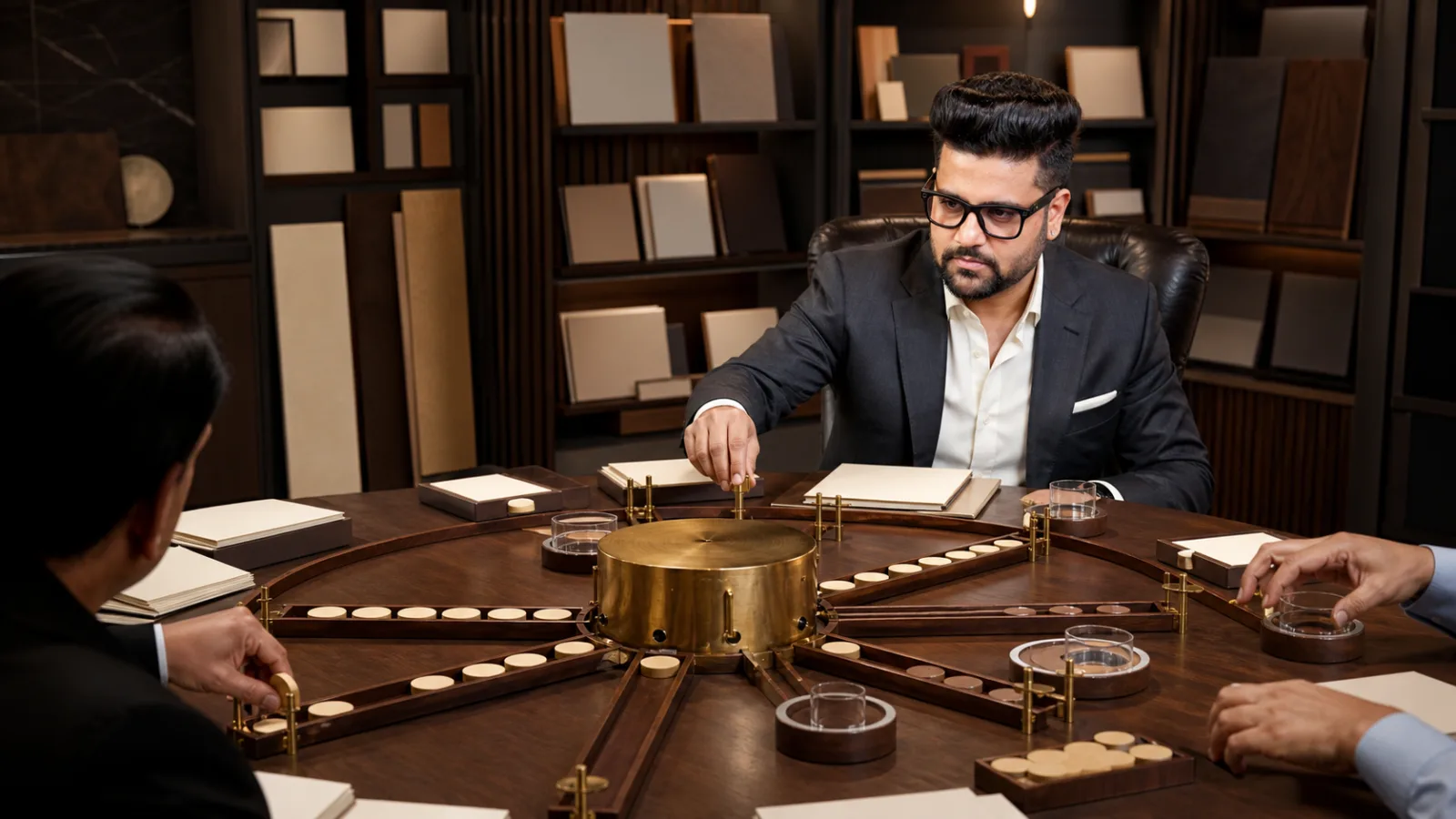 Sahil Khanna reviewing an evidence wall in a leadership coaching studio for Outbound Marketing