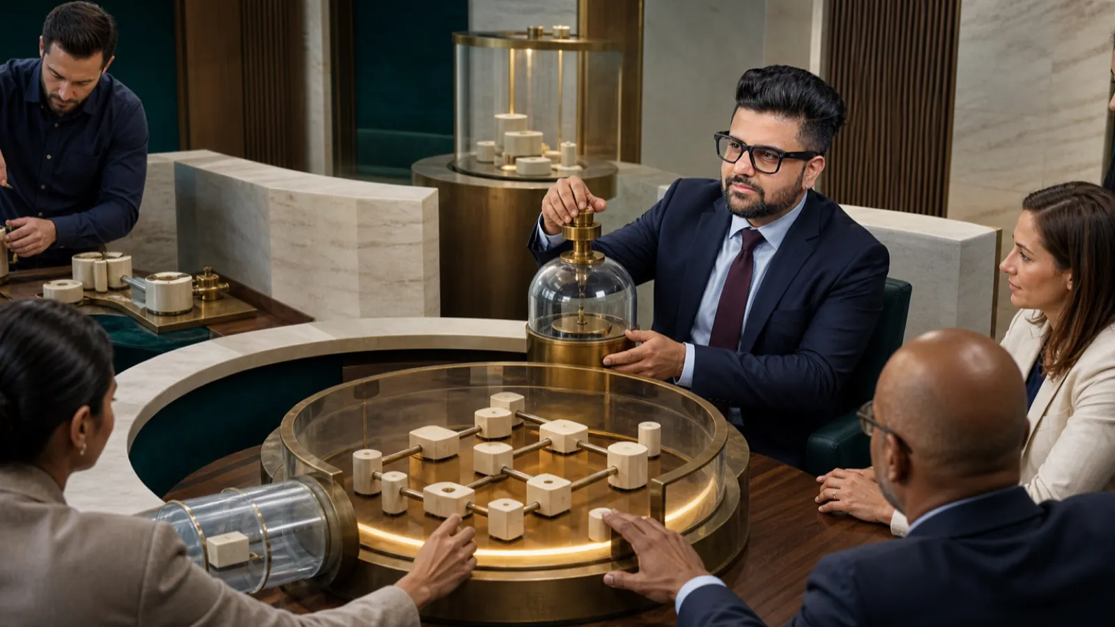 Sahil Khanna reviewing an evidence wall in a market intelligence observatory for Adaptive leadership
