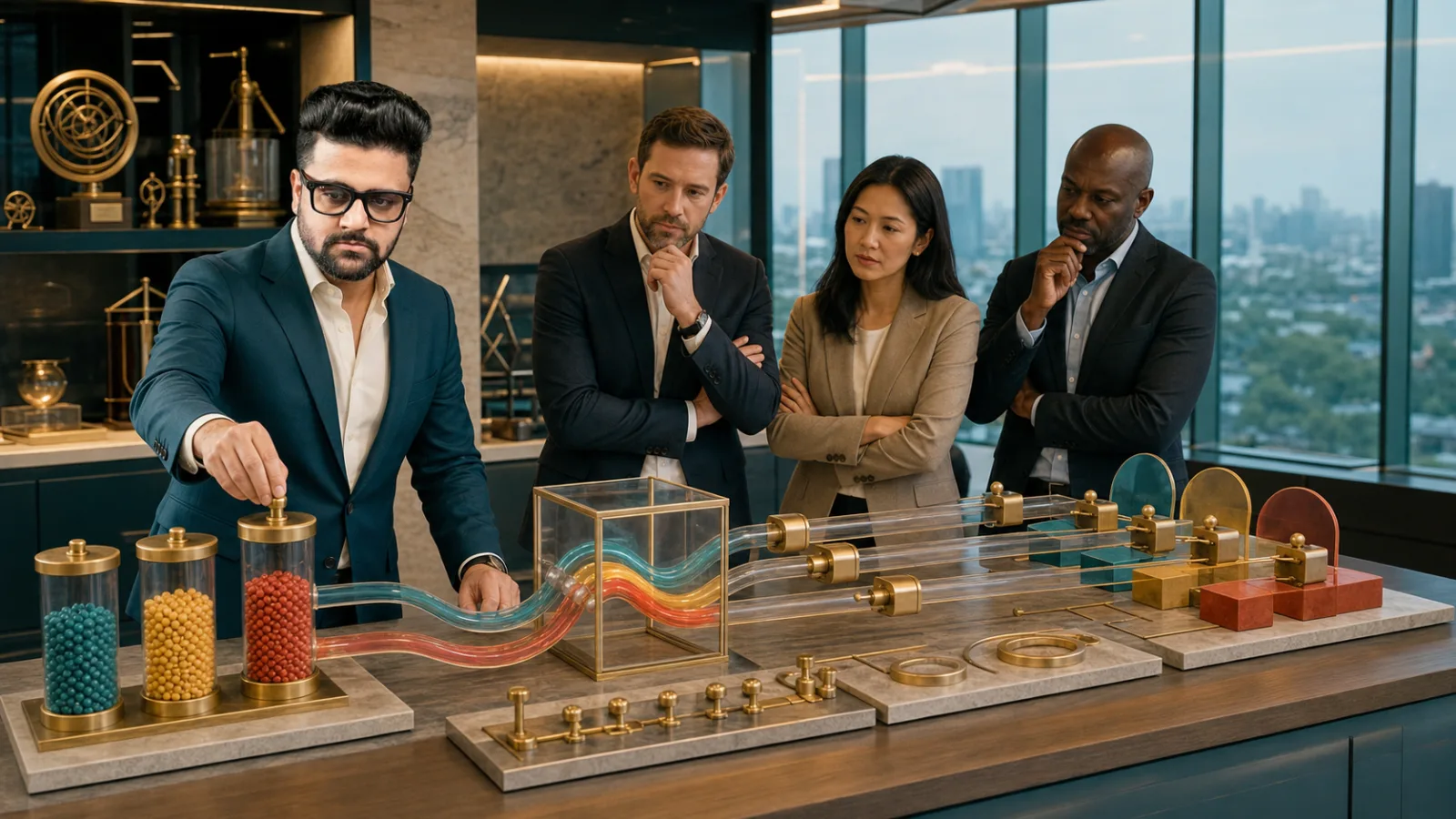 Sahil Khanna reviewing an evidence wall in a market intelligence observatory for Cooperative Marketing