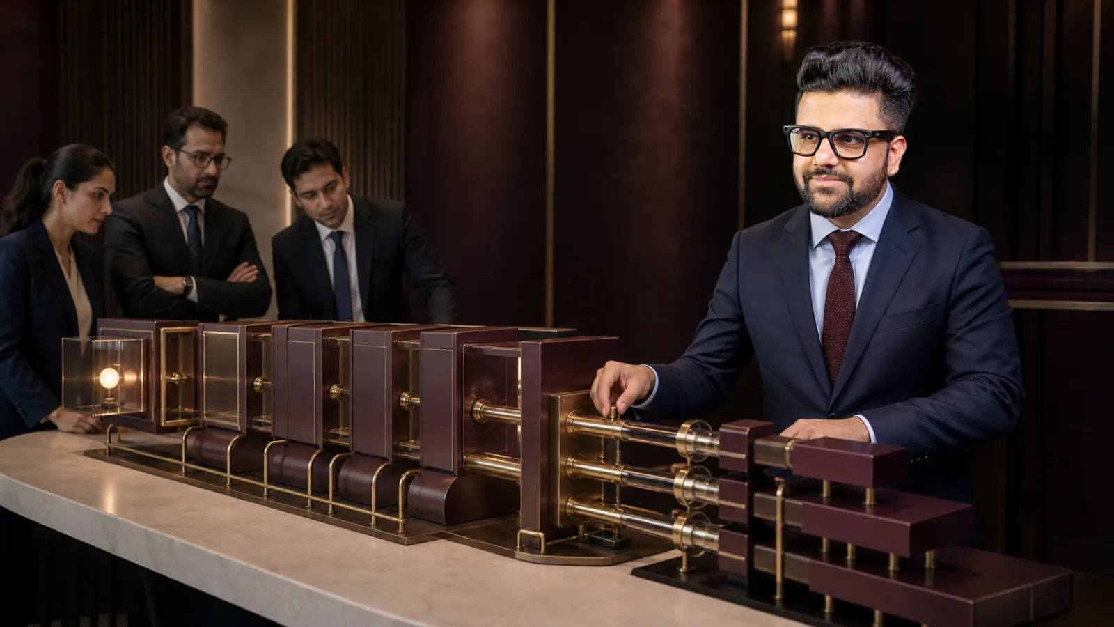Sahil Khanna reviewing an evidence wall in a market intelligence observatory for Leverage
