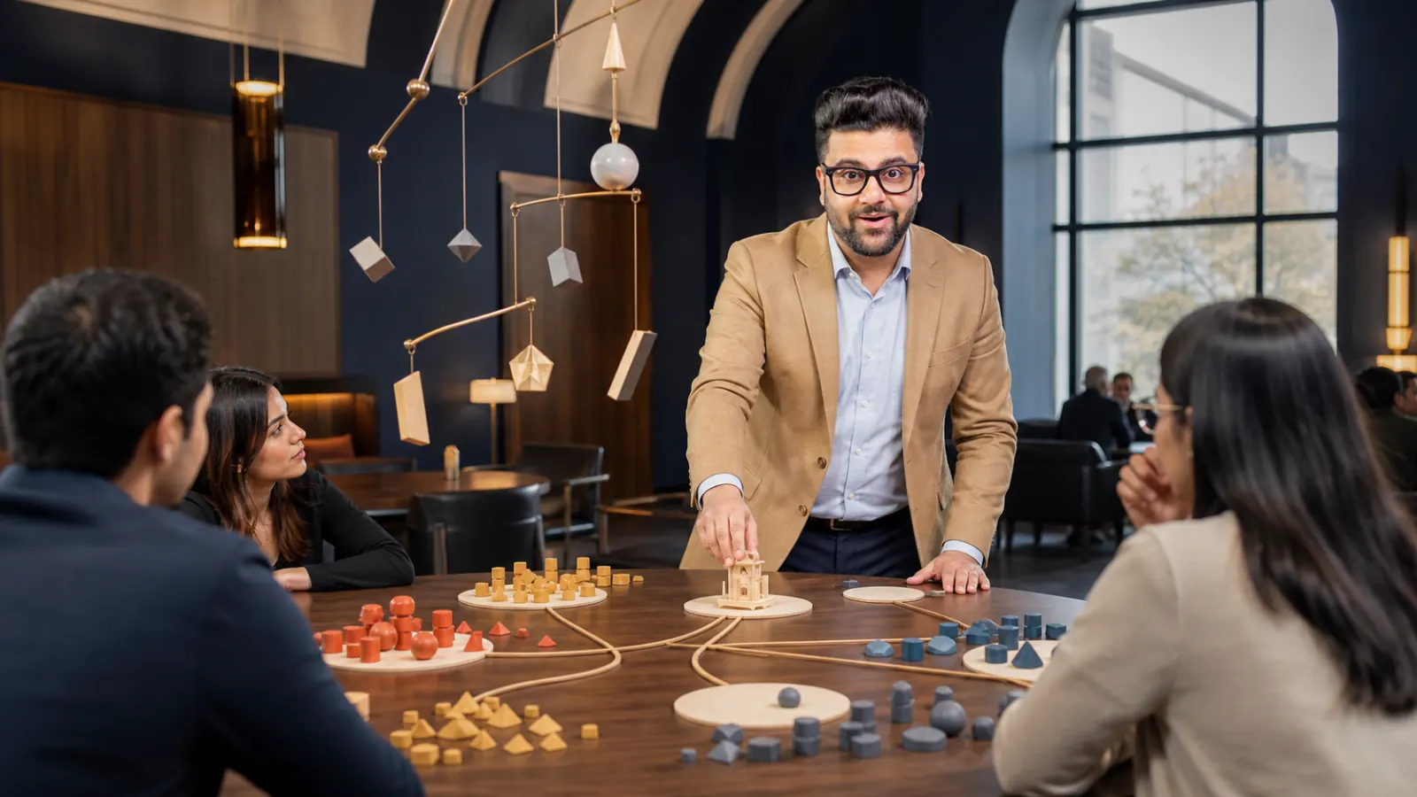 Sahil Khanna reviewing an evidence wall in a operations simulation room for New startup opportunities