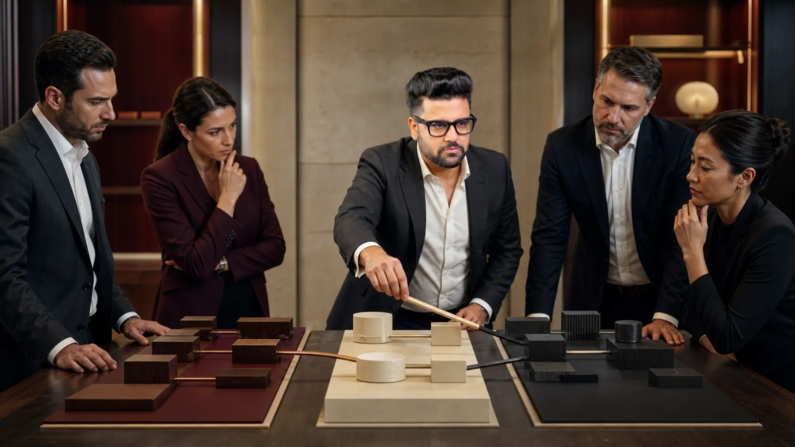 Sahil Khanna reviewing an evidence wall in a strategy archive for Doblin's 10 Types of Innovation