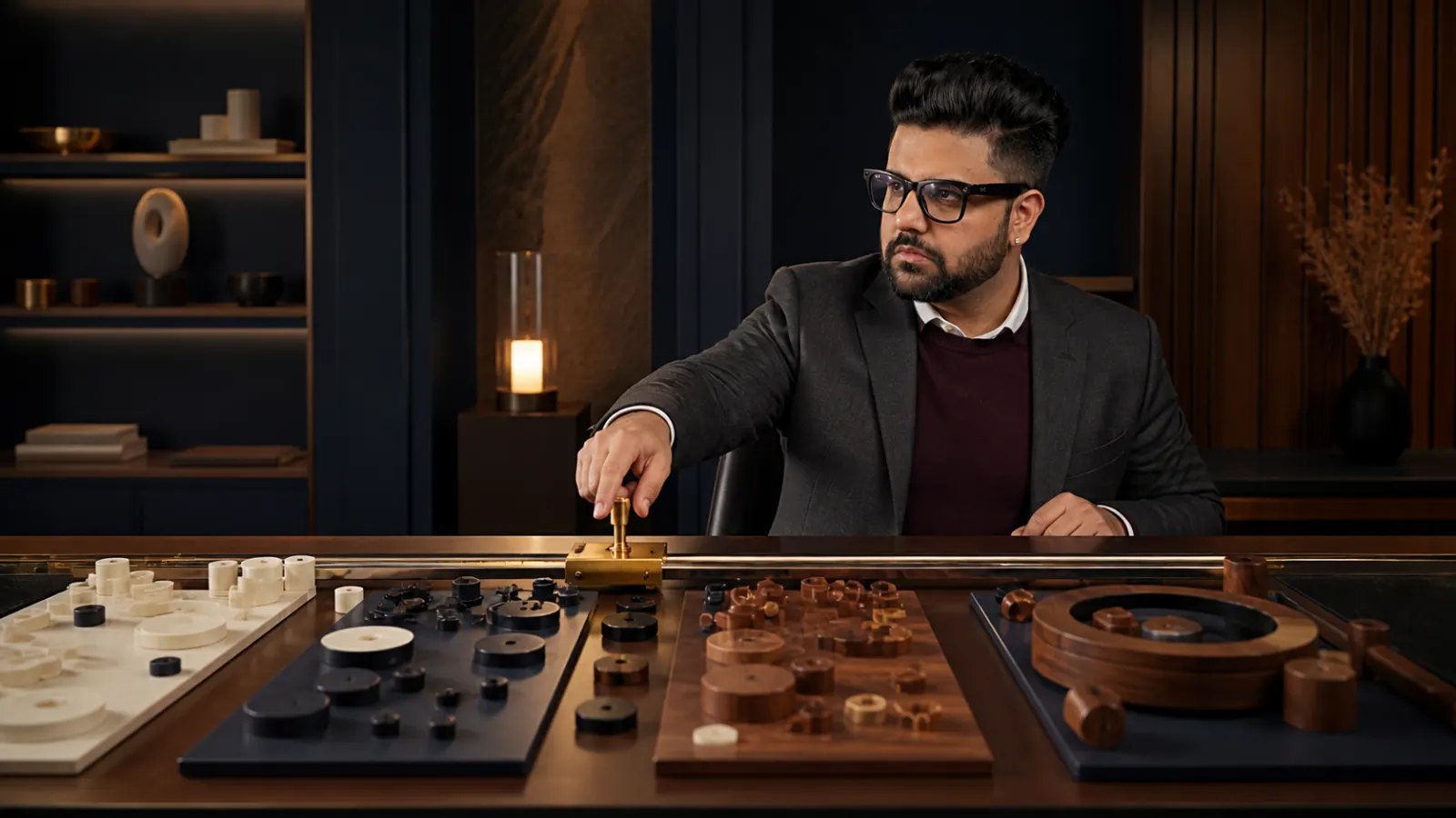 Sahil Khanna reviewing an evidence wall in a strategy archive for Multitasking