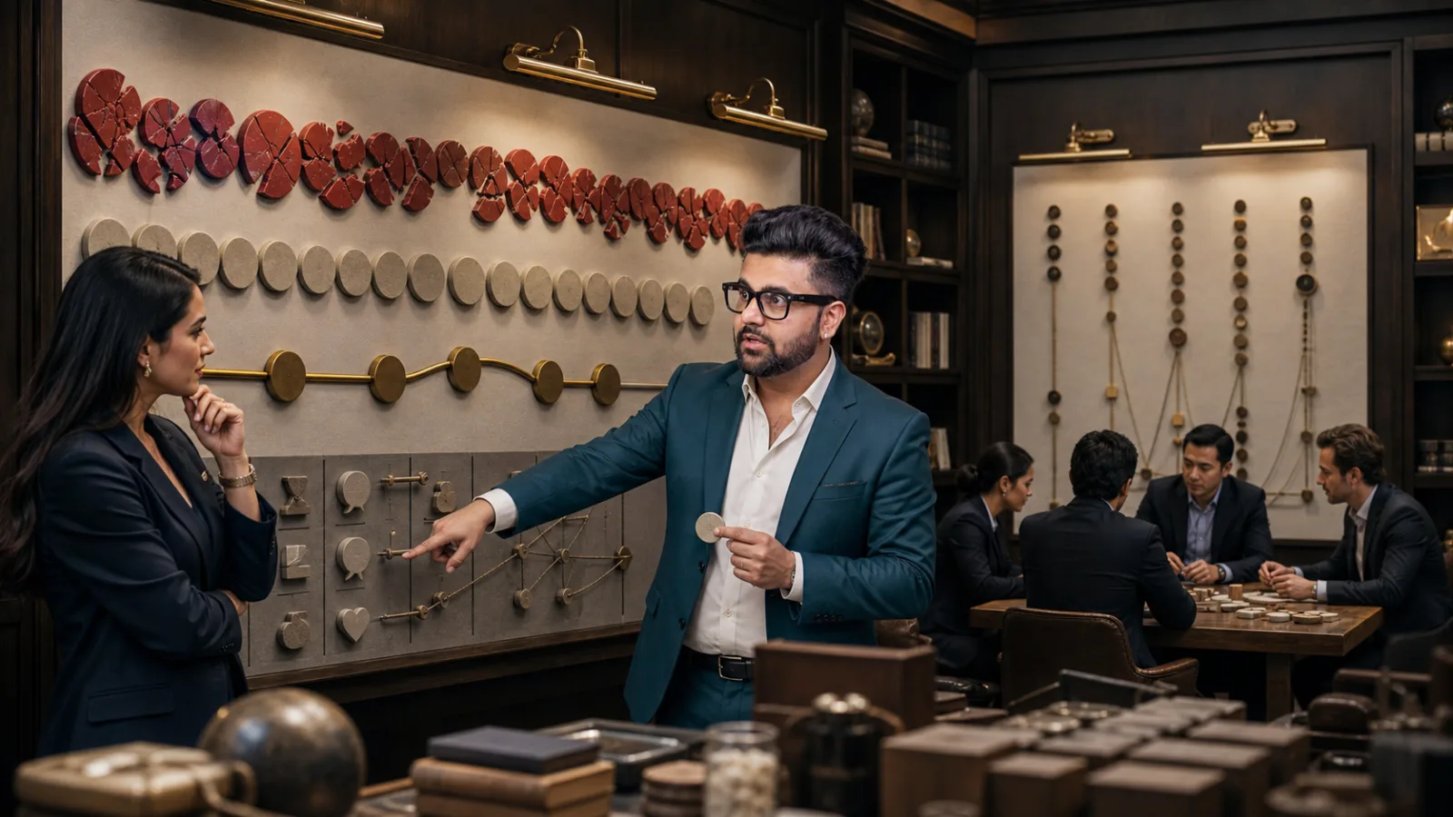 Sahil Khanna reviewing an evidence wall in a strategy archive for NPS for business