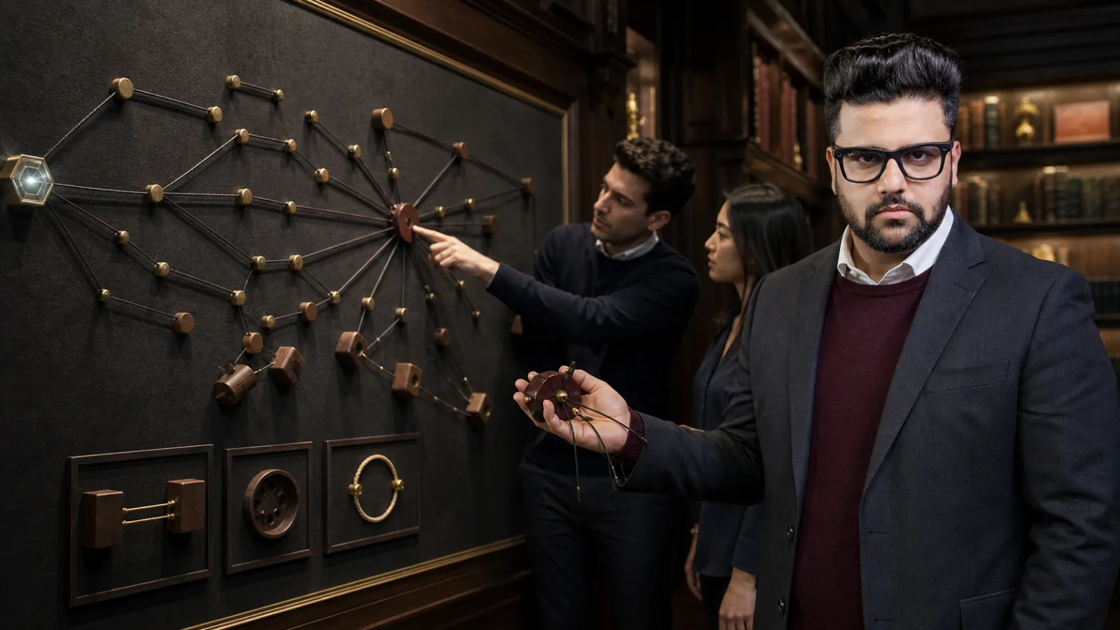 Sahil Khanna reviewing an evidence wall in a strategy archive for Why Do Projects Fail?