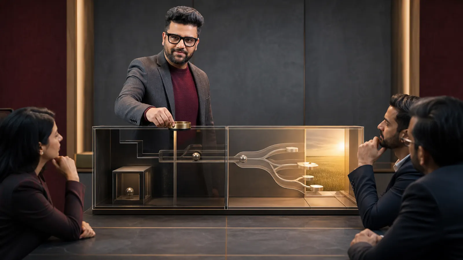 Sahil Khanna reviewing an evidence wall in a university boardroom for Are You a Positive or Negative Thinker?