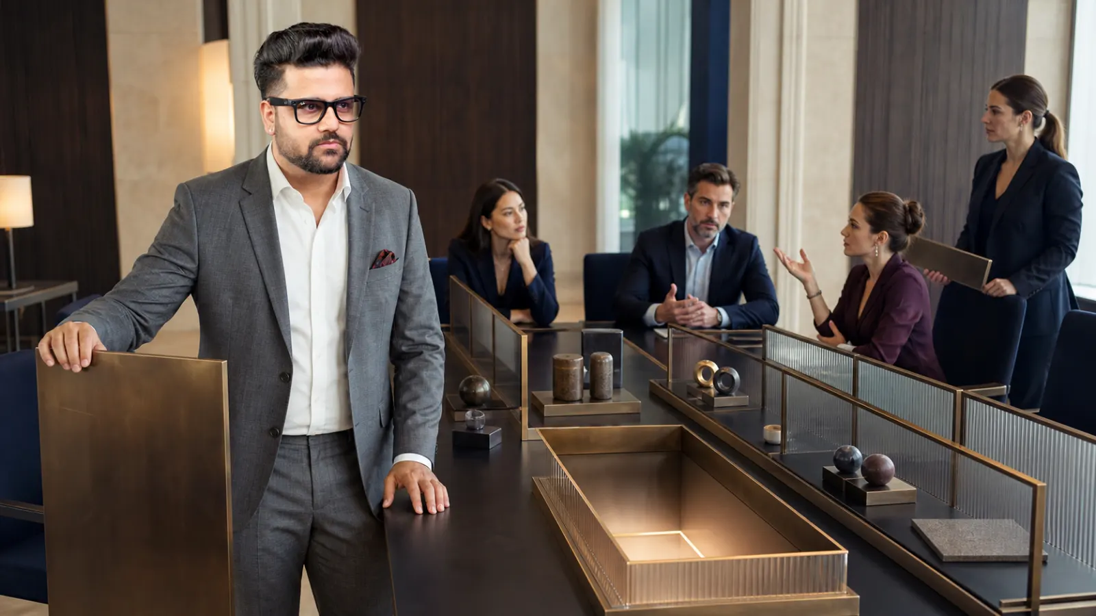 Sahil Khanna reviewing an evidence wall in a university boardroom for Managing Your Boundaries