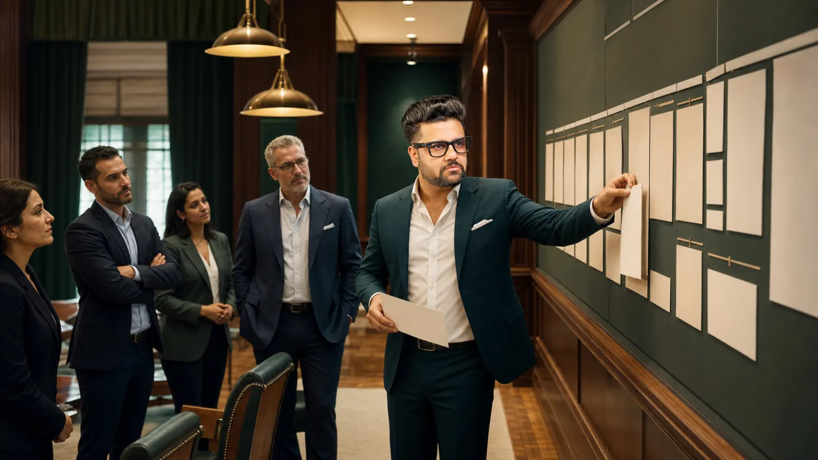 Sahil Khanna reviewing an evidence wall in a university boardroom for Newsletter Marketing
