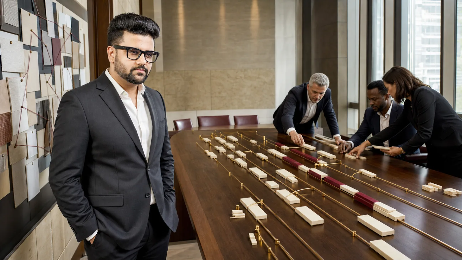 Sahil Khanna reviewing an evidence wall in a university boardroom for Project Schedule Development
