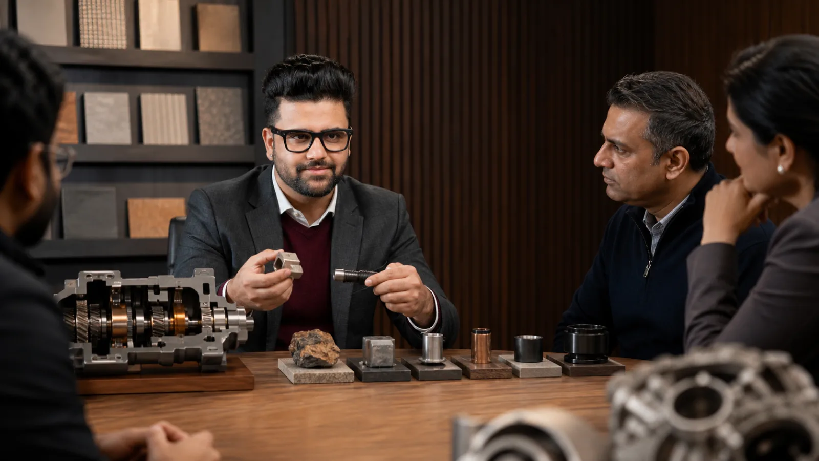 Sahil Khanna reviewing an evidence wall in a university boardroom for Technical Marketing