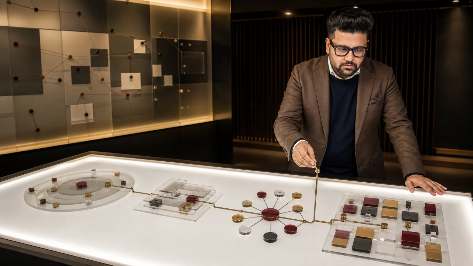 Sahil Khanna reviewing an evidence wall in a university boardroom for The 4S web marketing mix
