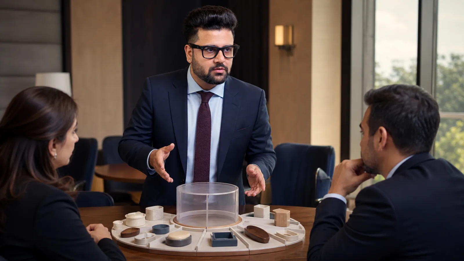 Sahil Khanna testing a physical operating model in a case-method seminar room for 9 Ways to Use Your Dead Time Wisely