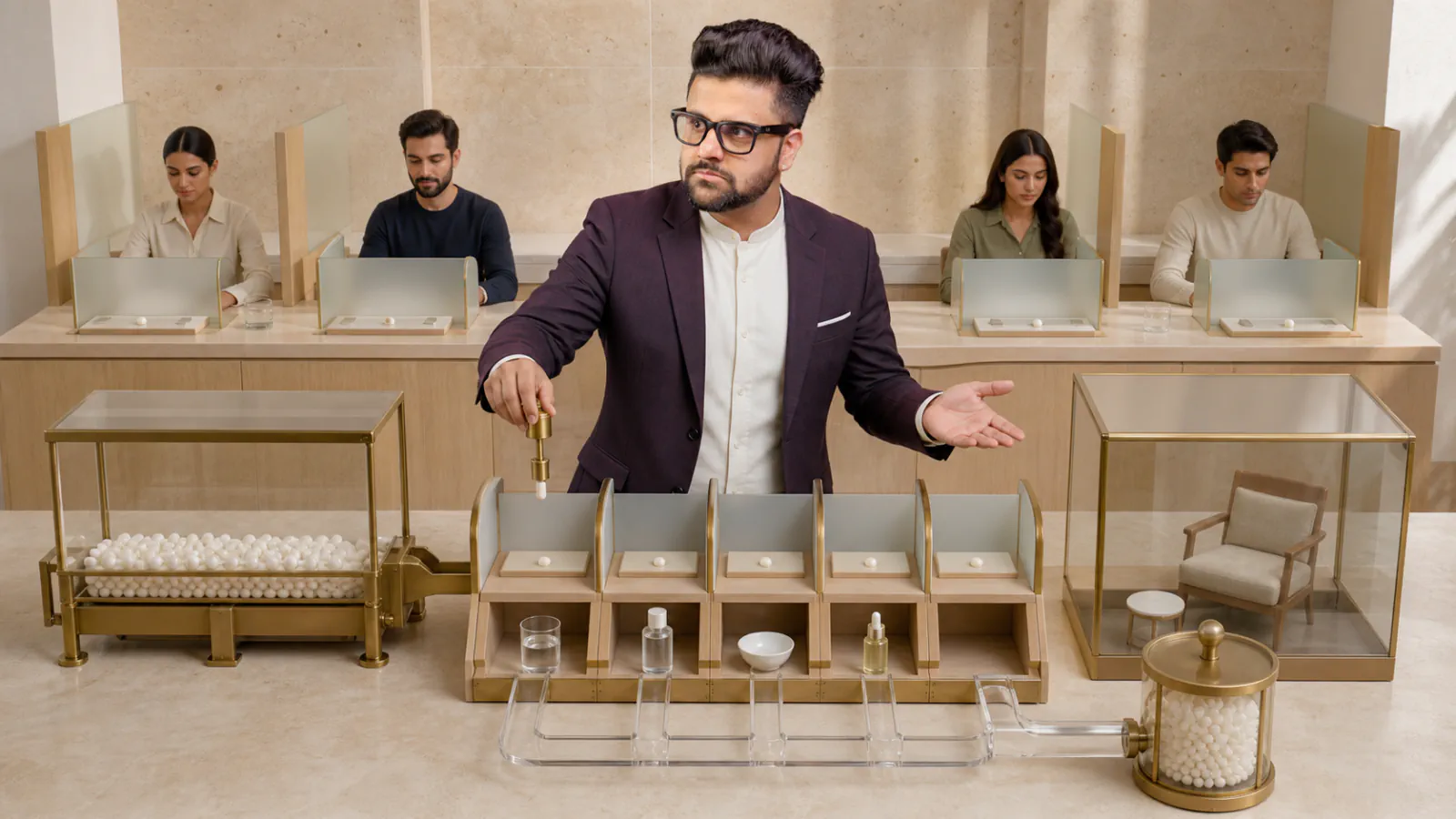 Sahil Khanna testing a physical operating model in a operations simulation room for Product sampling