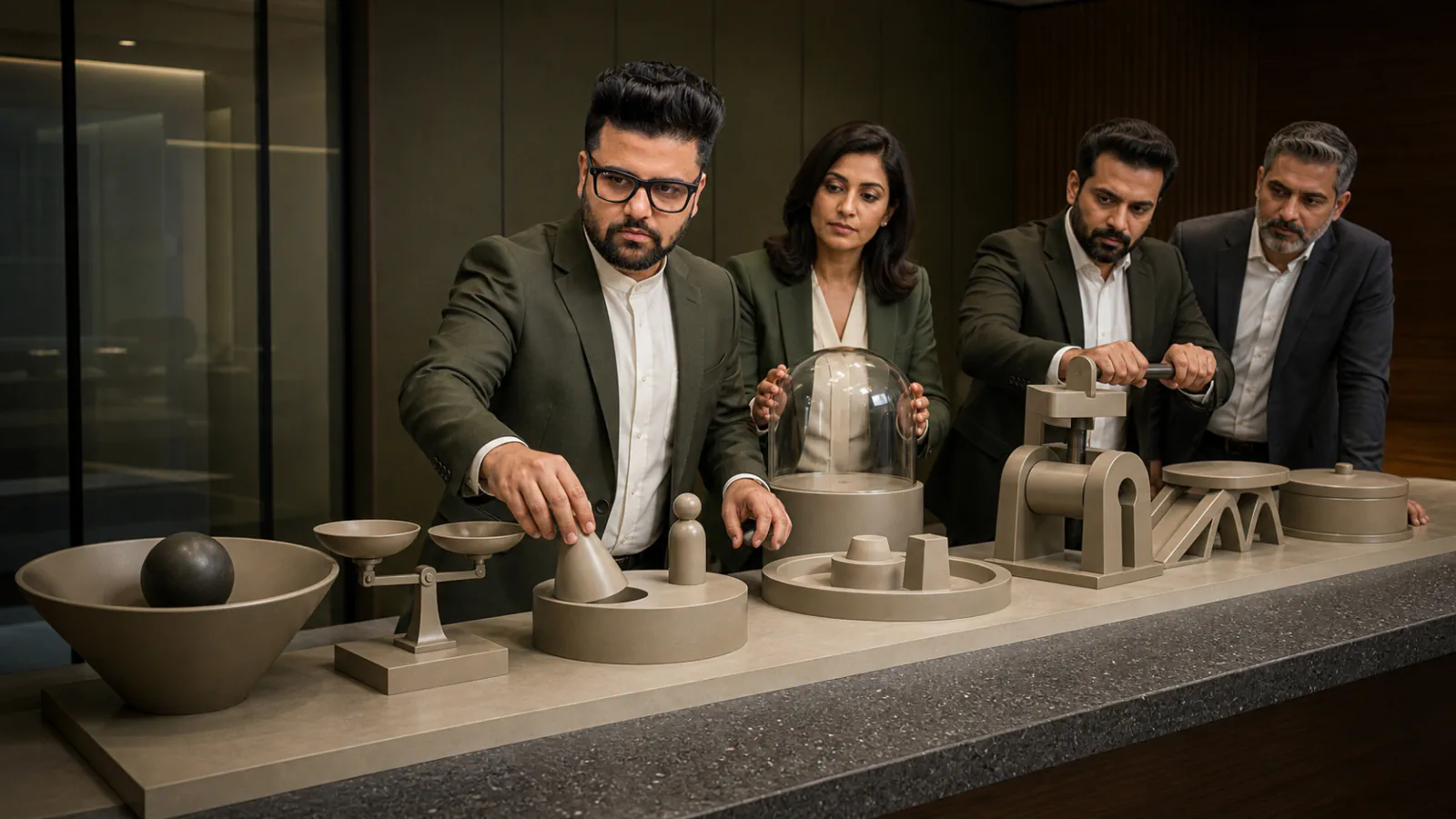 Sahil Khanna testing a physical operating model in a operations simulation room for Project Issue Management