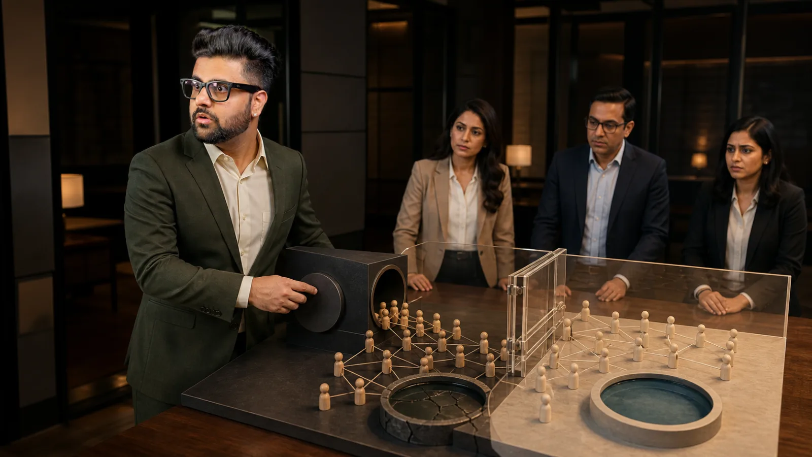 Sahil Khanna testing a physical operating model in a operations simulation room for Stealth Marketing